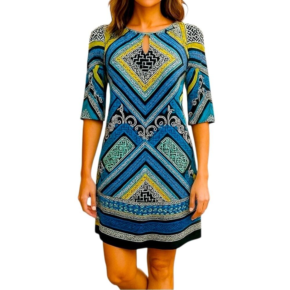 Laundry by Shelli Segal Psychedelic Print Shift Dress Small Retro 70s Cutout